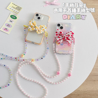 คลิปหนีบโทรศัพท์มือถือ ลายดอกไม้ ประดับโบว์ และสายโซ่ลูกปัด สไตล์เกาหลี สําหรับผู้หญิง