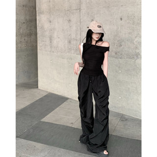 Sexy waffle patchwork mesh one line collar top T-shirt+drawstring loose casual pants two-piece set