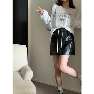 Black PU leather A-line drawstring short skirt versatile half skirt