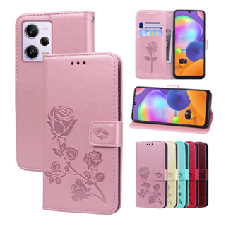 เคสโทรศัพท์หนัง ฝาพับ ลายดอกกุหลาบ พร้อมช่องใส่บัตร หรูหรา สําหรับ Xiaomi Poco X5 Redmi 12 12C Note 12 Pro Plus 5G 12S 4G