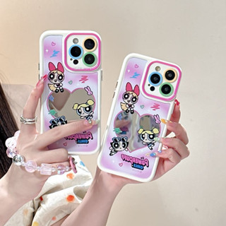 ใหม่ เคสป้องกันโทรศัพท์มือถือ ลายการ์ตูนพาวเวอร์พัฟฟ์เกิร์ล ประดับลูกปัดสีชมพู มีสายโซ่ สําหรับ iPhone 14Pro max case 13Pro max 12Pro max 14Pro 13Pro 12Pro 11 12 13 14 case