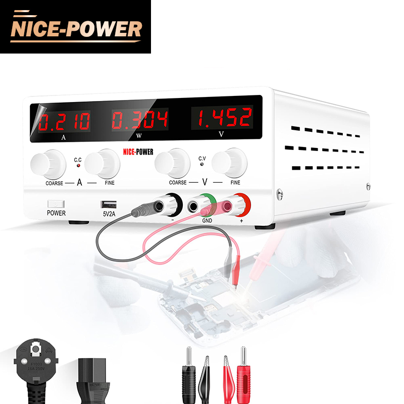 Nice-power พาวเวอร์ซัพพลาย DC ปรับได้: สวิตช์ควบคุมตัวแปร 30V 10A 4 หลัก จอแสดงผล LED 5V 2A พอร์ต USB นําออก และสายไฟอินพุต