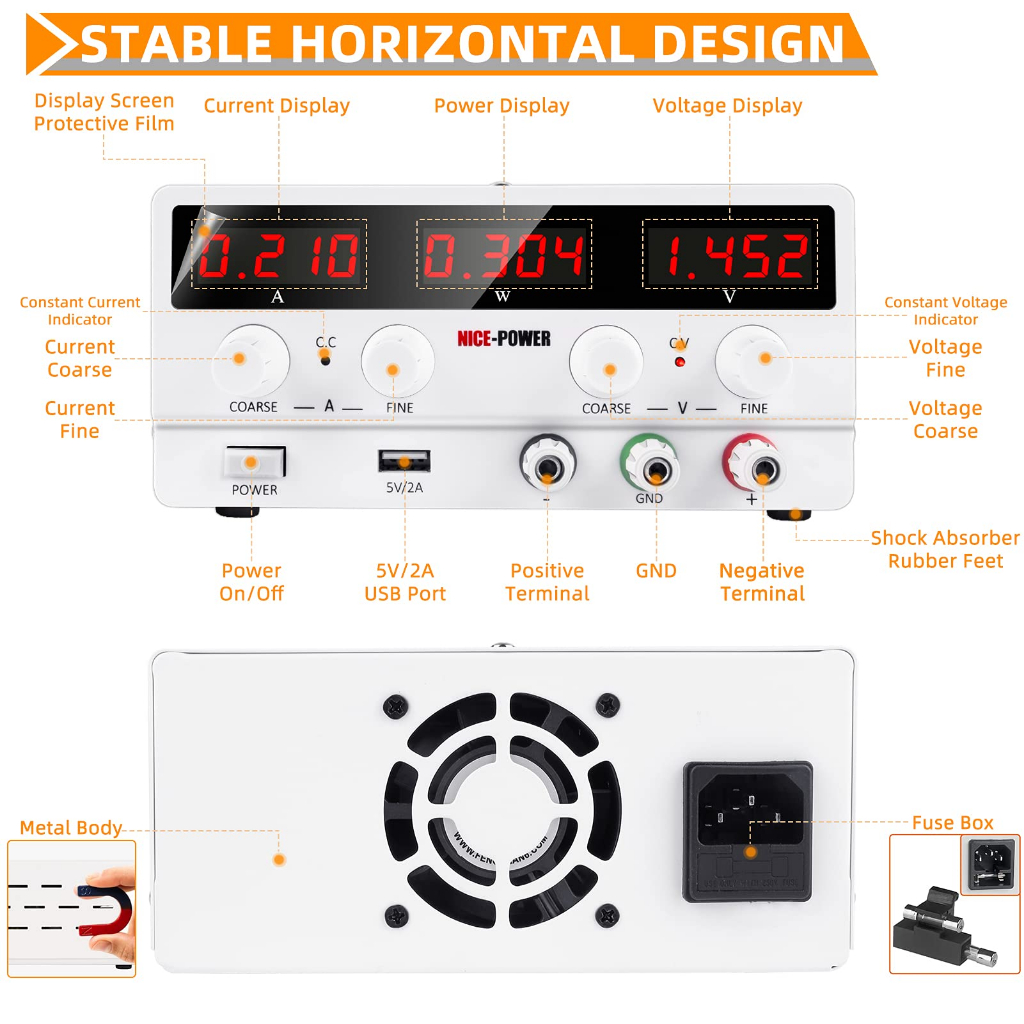 Nice-power พาวเวอร์ซัพพลาย DC ปรับได้: สวิตช์ควบคุมตัวแปร 30V 10A 4 หลัก จอแสดงผล LED 5V 2A พอร์ต USB นําออก และสายไฟอินพุต