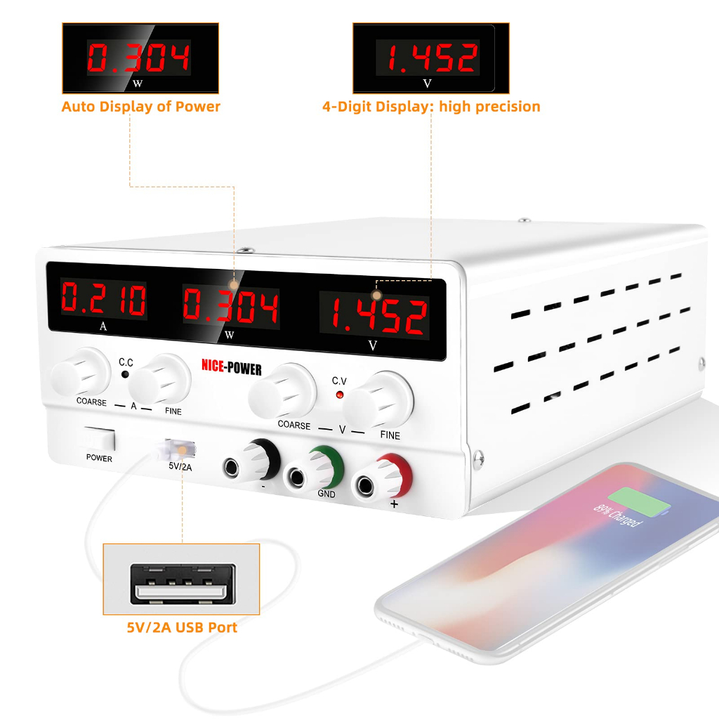 Nice-power พาวเวอร์ซัพพลาย DC ปรับได้: สวิตช์ควบคุมตัวแปร 30V 10A 4 หลัก จอแสดงผล LED 5V 2A พอร์ต USB นําออก และสายไฟอินพุต