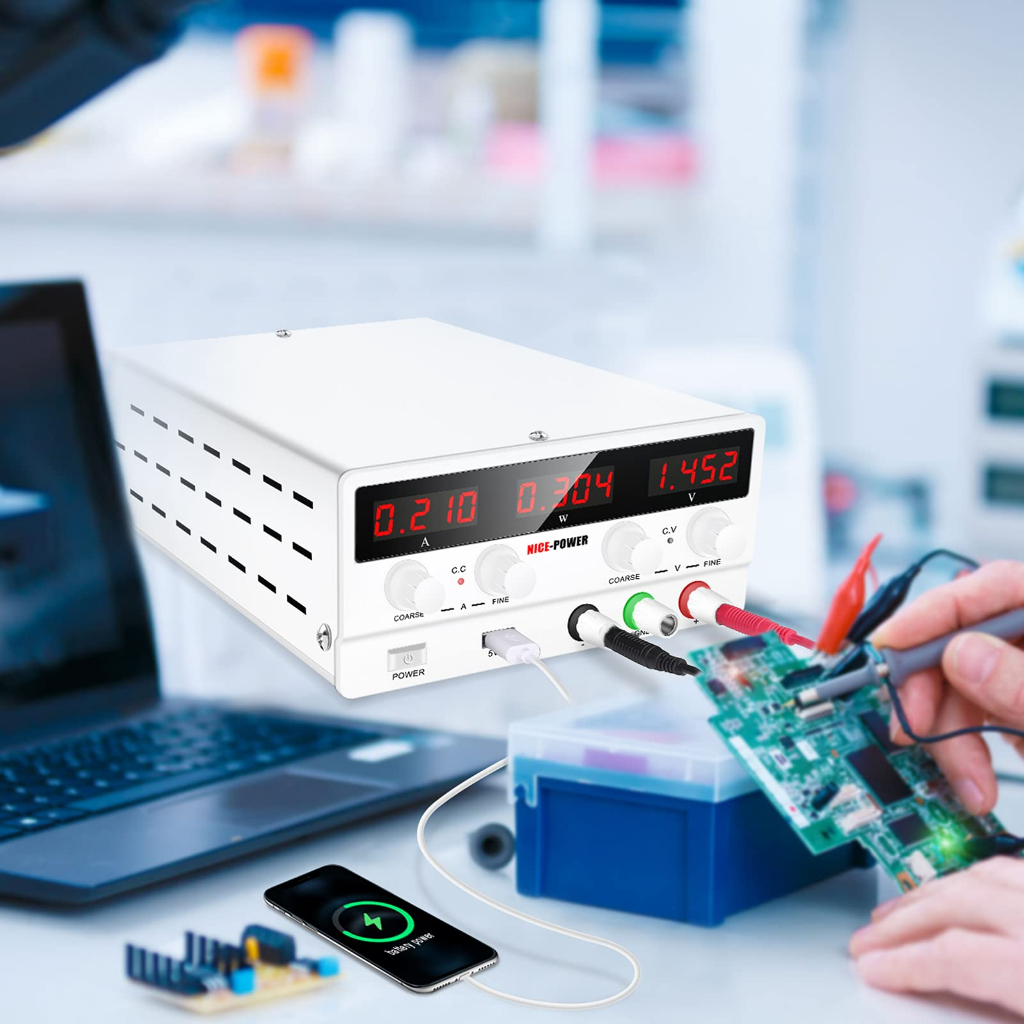 Nice-power พาวเวอร์ซัพพลาย DC ปรับได้: สวิตช์ควบคุมตัวแปร 30V 10A 4 หลัก จอแสดงผล LED 5V 2A พอร์ต USB นําออก และสายไฟอินพุต