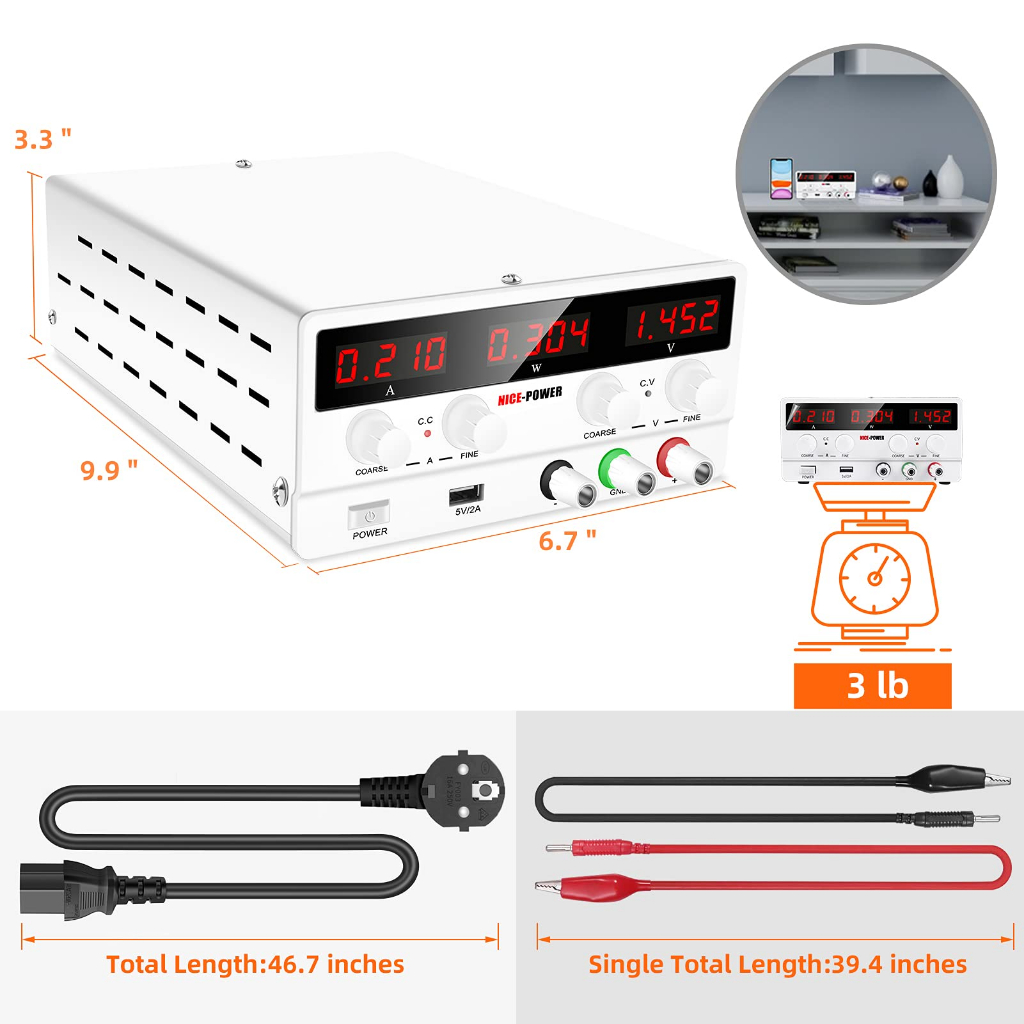 Nice-power พาวเวอร์ซัพพลาย DC ปรับได้: สวิตช์ควบคุมตัวแปร 30V 10A 4 หลัก จอแสดงผล LED 5V 2A พอร์ต USB นําออก และสายไฟอินพุต