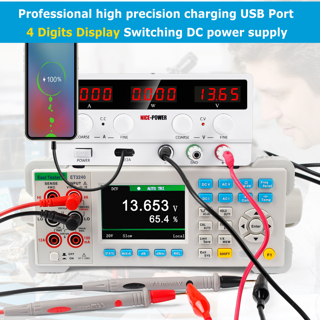 Nice-power พาวเวอร์ซัพพลาย DC ปรับได้: สวิตช์ควบคุมตัวแปร 30V 10A 4 หลัก จอแสดงผล LED 5V 2A พอร์ต USB นําออก และสายไฟอินพุต