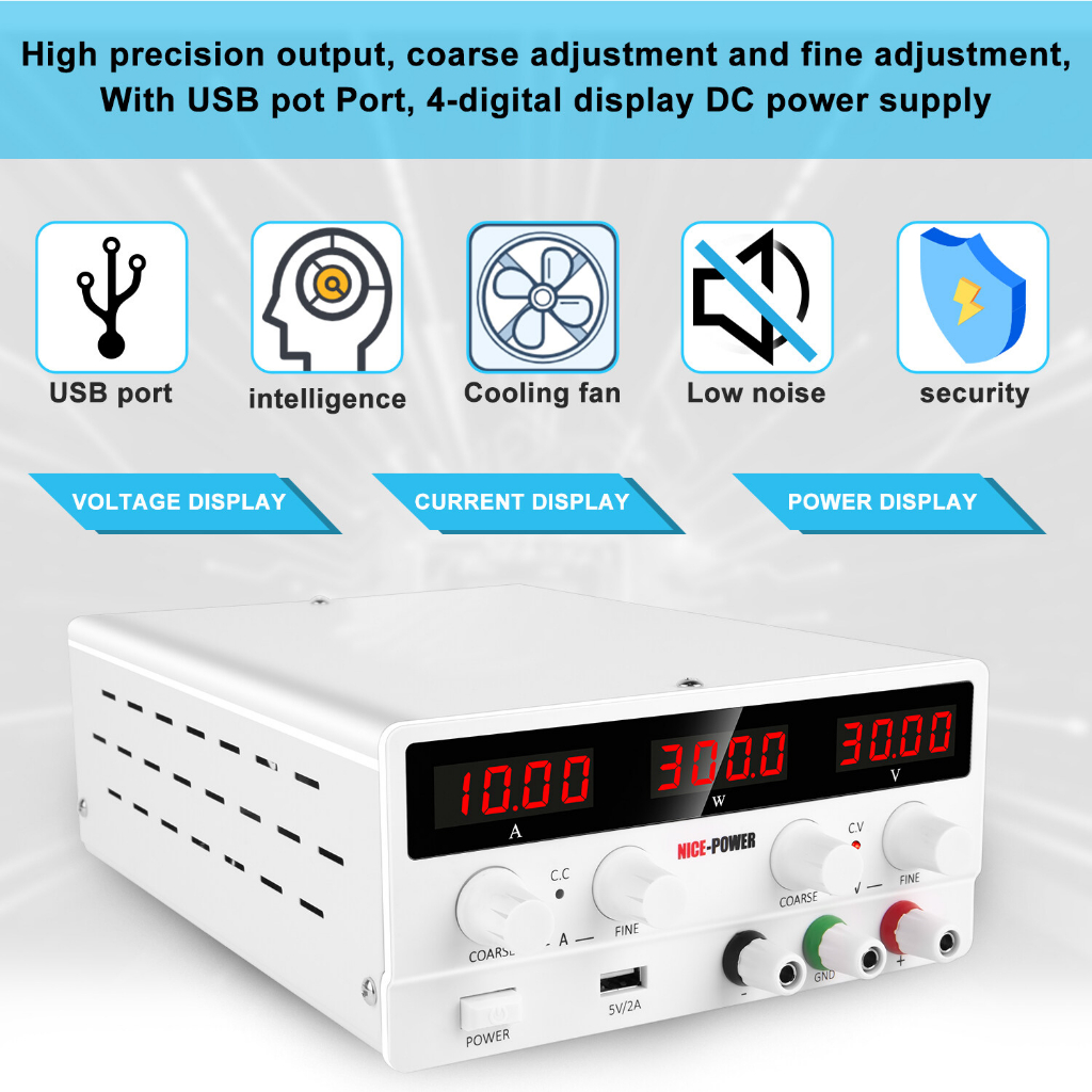 Nice-power พาวเวอร์ซัพพลาย DC ปรับได้: สวิตช์ควบคุมตัวแปร 30V 10A 4 หลัก จอแสดงผล LED 5V 2A พอร์ต USB นําออก และสายไฟอินพุต