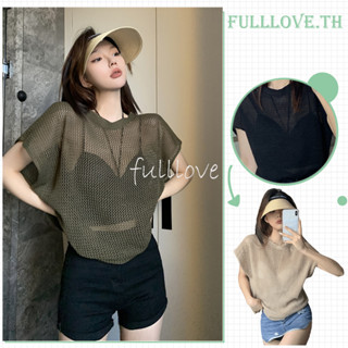 Fulllove เสื้อครอปแขนยซีทรู ตาข่ายดีเทล เสื้อกล้าม เซ็กซี่Y2K croptop