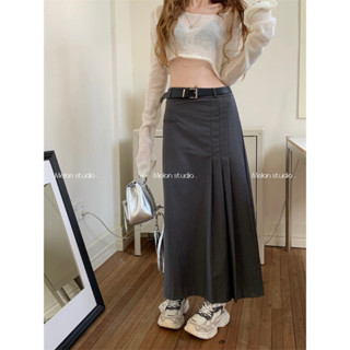 Slim and pleated high waisted skirt, suit skirt, long skirt, high waisted long skirt