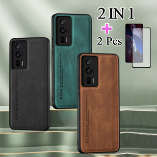 2 IN 1 เคสโทรศัพท์หนังแกะ เซรามิก กันรอยหน้าจอ ฟิล์มโค้ง สําหรับ Xiaomi Poco F5 Pro