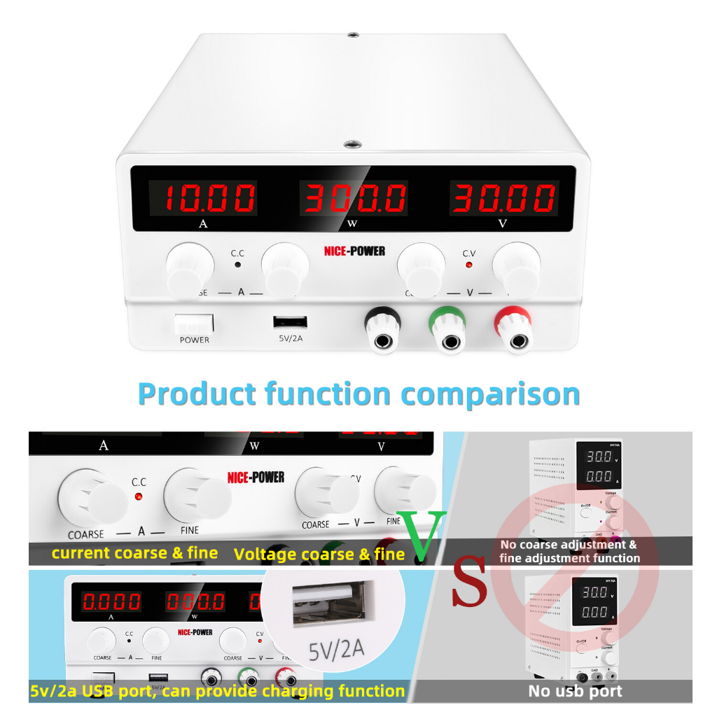 Nice-power พาวเวอร์ซัพพลาย DC ปรับได้: สวิตช์ควบคุมตัวแปร 30V 10A 4 หลัก จอแสดงผล LED 5V 2A พอร์ต USB นําออก และสายไฟอินพุต