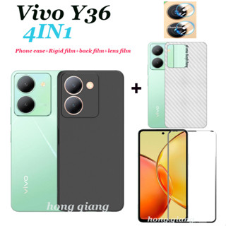(4 In 1) เคสโทรศัพท์มือถือ กระจกนิรภัย กันรอยหน้าจอ ฟิล์มเลนส์ ฟิล์มด้านหลัง สีดํา สําหรับ Vivo Y36 Y27 Y35 Y21 Y33S Y15A Y15S Y02T