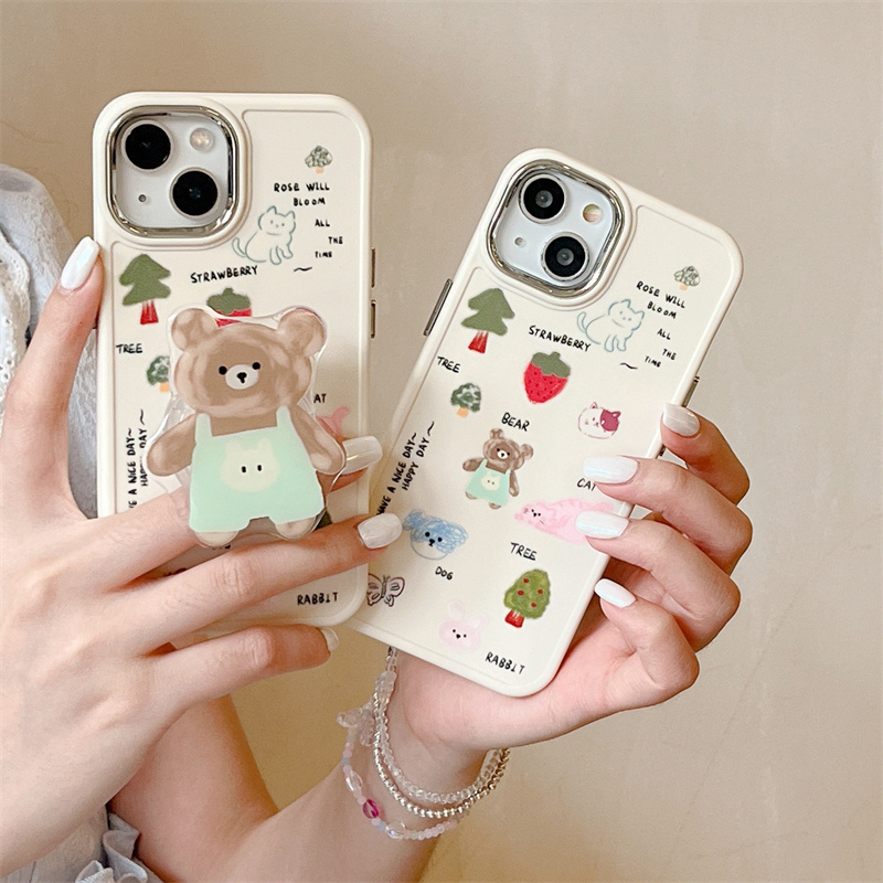 Iphone 16 Pro Max 15 Pro Max Doodle Bear ลายวัสดุ TPU เคสโทรศัพท์วงแหวนเลนส์โลหะ
