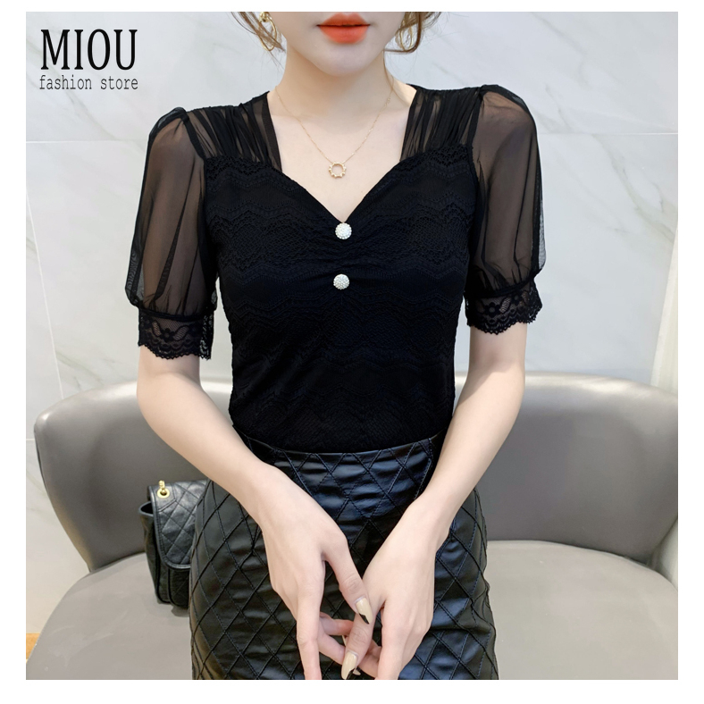Miou เสื้อยืดแขนสั้น คอวี ผ้าตาข่าย แต่งลูกไม้ เซ็กซี่ แฟชั่นฤดูร้อน สําหรับผู้หญิง 2023