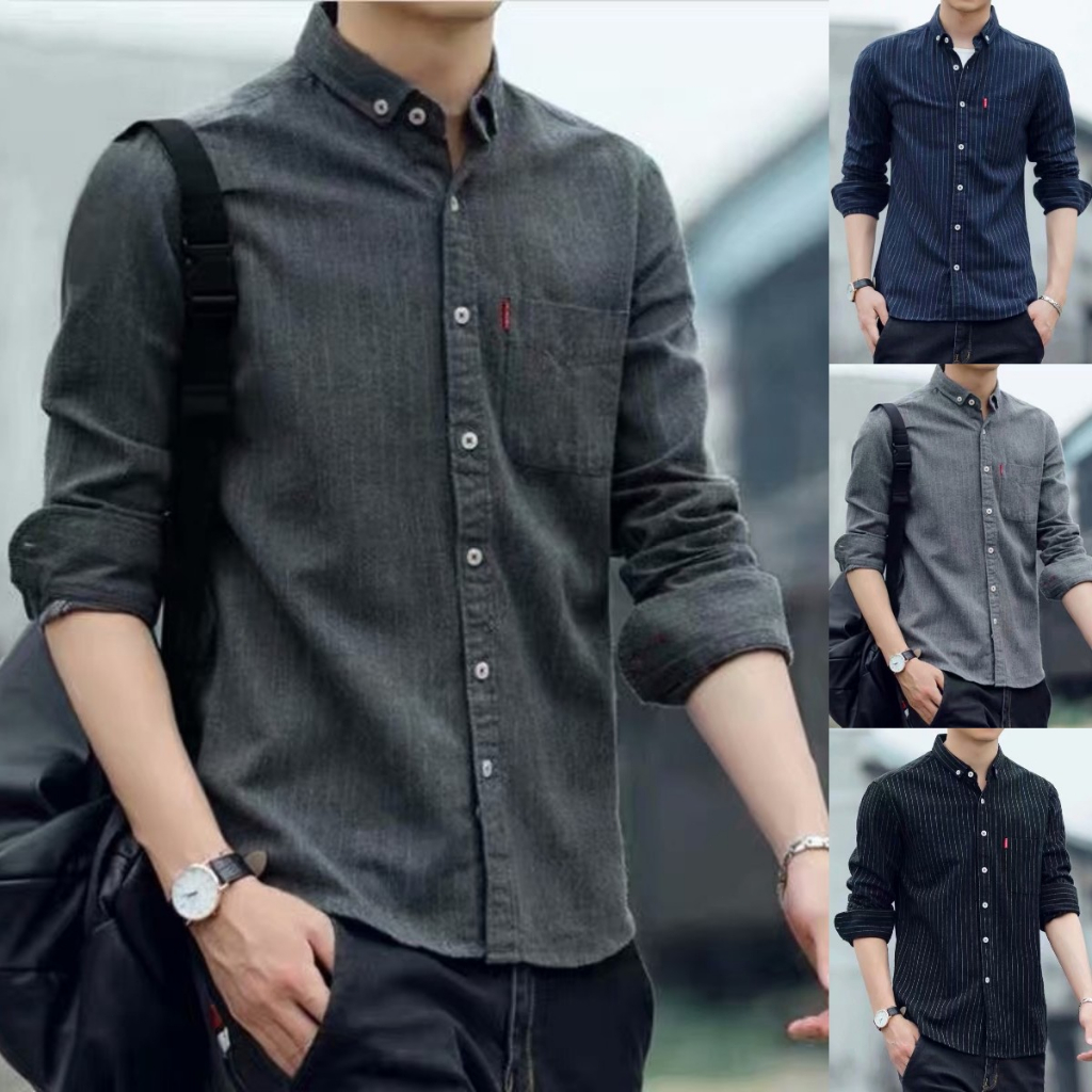 COD M-5XL เสื้อเชิ้ต แขนยาว สีพื้น ลายทางแนวตั้ง สไตล์วินเทจ เกาหลี สำหรับผู้ชาย ไซซ์