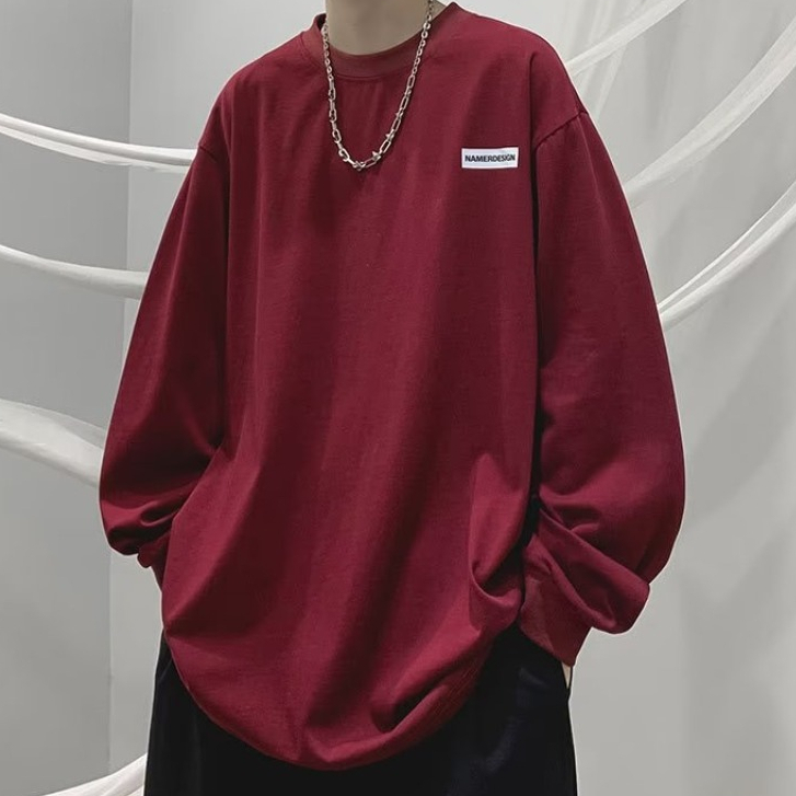 สีแดงไวน์แขนยาวเสื้อยืดผู้ชาย ม-5เอ็กแอล สามสีในฤดูใบไม้ผลิฤดูใบไม้ร่วงอเมริกันอินเทรนด์หลวมเสื้อยืด สูง-จบ ถนน สวมใส่ภายใน จุดต่ําสุด เสื้อฤดูใบไม้ผลิฤดูใบไม้ร่วงบางสไตล์เสื้อสบายๆทุกกา