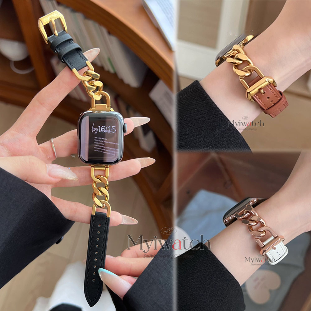 14 สีdenim CHAINเย็บสายหนังสําหรับIwatch Serie 10 9 8 7 6 SE 5 4 3 2 1 Luxuryสุภาพสตรีโซ่สําหรับIwatch Band 49 มม.46 มม.45 มม.44 มม.41 มม.40 มม.38 มม.42 มม.