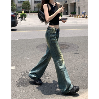 Retro blue jeans made of worn-out matte yellow, womens design sense, niche loose and slim straight leg pants