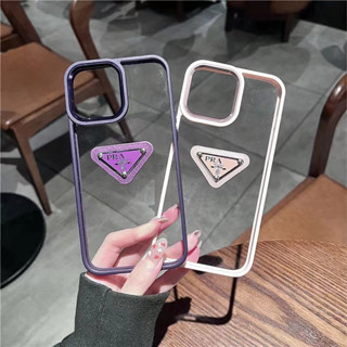 เคสโทรศัพท์มือถือแบบใส กรอบโลหะ ลาย PRADA หรูหรา สไตล์ยุโรป อเมริกัน สําหรับ iPhone 13 14 12 Pro Max