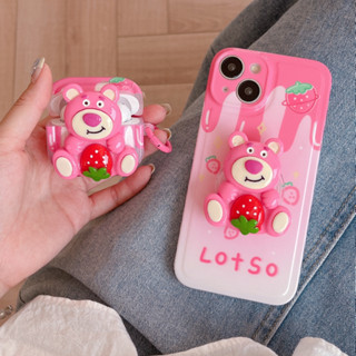 เคสหูฟังบลูทูธ ลายการ์ตูนหมีสตรอเบอร์รี่ 3D อุปกรณ์เสริม สําหรับ Airpods 3 2 1 Pro 2