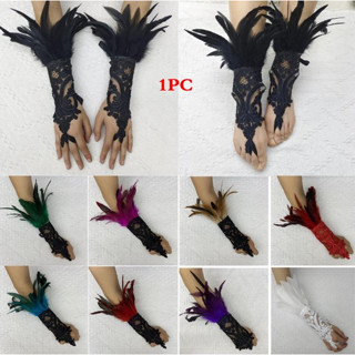 1pc ถุงมือยาว ผ้าลูกไม้ ปักลายขนนก สไตล์โกธิค สําหรับผู้หญิง ใส่ไปเวที ปาร์ตี้ฮาโลวีน