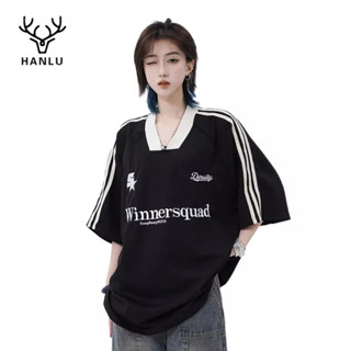 Hanlu เสื้อยืดแขนสั้น ทรงหลวม สีตัดกัน สไตล์อเมริกัน สตรีท สําหรับผู้ชาย และผู้หญิง