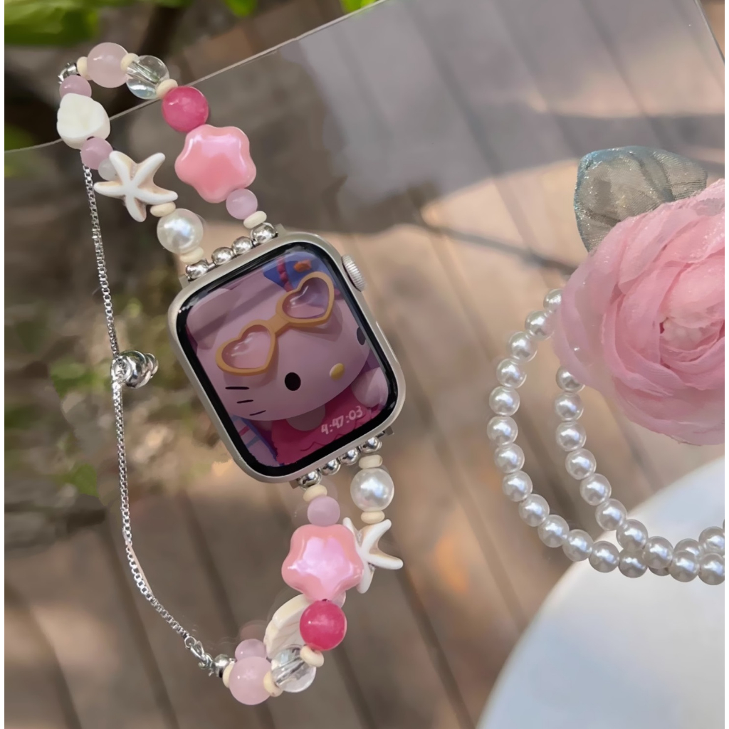สายนาฬิกาข้อมือ ประดับลูกปัดไข่มุก ปลาดาว เหมาะกับฤดูร้อน สําหรับ Watch Strap Series 10 9 8 7 6 5 4 3 2 1 se se2 Ultra Strap Size 49 มม. 41 มม. 45 มม. 49 มม. 40 มม. 44 มม. 38 มม. 42 มม. สาย i watch Strap