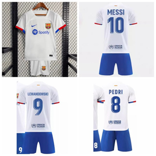 เสื้อกีฬาแขนสั้น ลายทีมชาติฟุตบอล Messi Lewandowski Gavi Pedri 2023-24 Season Barcelona Away ชุดเยือน สําหรับเด็ก