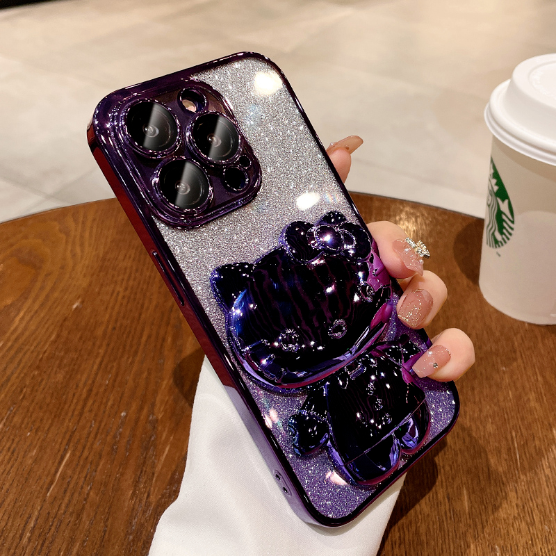 เคสโทรศัพท์ iPhone 11 11Pro 11 Pro Max 12 12 Pro 12 Pro Max 13 13 Pro 13 Pro Max 14 14 Plus 14 Pro 14 Pro Max 7 Plus 8 Plus Xs XR Xs Max เคสโทรศัพท์ Clear Glitter เคสโทรศัพท์พร้อม Electroplated KT Cat Stand