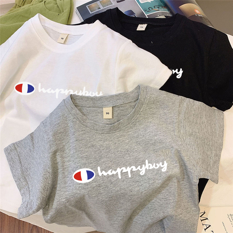 ผ้าฝ้ายแท้เด็กเด็กแขนสั้นเสื้อยืด2026ฤดูร้อนใหม่ลายตัวอักษรลําลองรอบคอเด็กท็อปส์