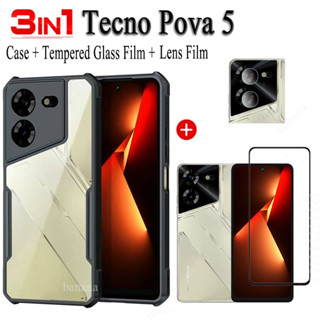 3in1 Tecno POVA 5 เคสโทรศัพท์ กันกระแทก สําหรับ Tecno Pova5 4G POVA 5 เคสใส อะคริลิค TPU นิ่ม ป้องกันตก ฝาหลัง + ฟิล์มกระจกนิรภัย + ฟิล์มเลนส์