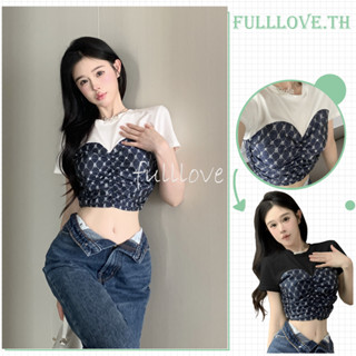 Fullloveเสื้อไหมพรมแขนสั้นคอกบม เย็ปแต่งลวดลายY2K crop top