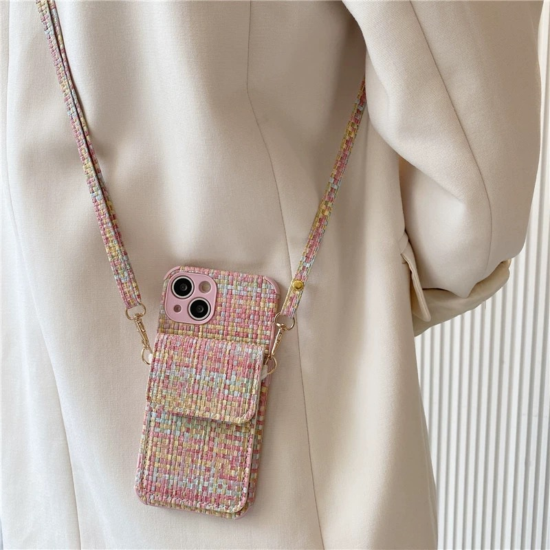 กระเป๋าการ์ดริบบิ้นทอสีสันสดใสพร้อมเคสโทรศัพท์เชือกเข้ากันได้สําหรับ Iphone 16 15proamx 15pro 14promax 13 pro max 12 pro max 11 ฝาครอบโทรศัพท์ที่สวยงาม
