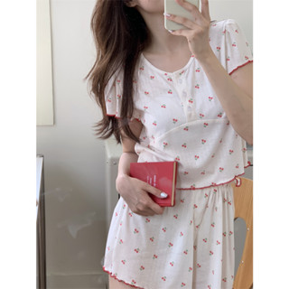 พร้อมส่ง INS ชุดนอนแขนสั้น ลายเชอร์รี่ หวานแหวว เหมาะกับฤดูร้อน สําหรับเด็กผู้หญิง