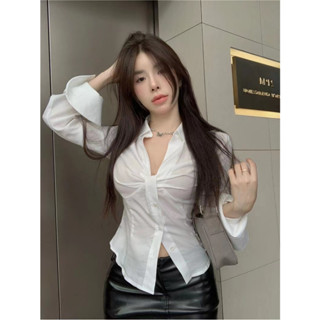 เสื้อเชิ้ตแขนยาว คอวี จับจีบ ทรงสลิมฟิต สีขาว แฟชั่นฤดูร้อน สไตล์ฝรั่งเศส
