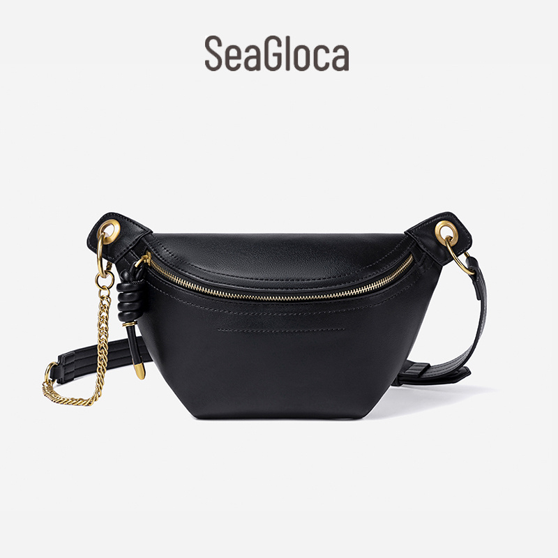 Seagloca Black White Wide Strap Jumpy Bag กระเป๋าคาดหน้าอกเข็มขัดหญิงอินเทรนด์ No 348