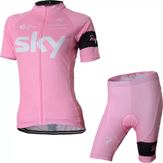 เสื้อกีฬาแขนสั้น ลายทีม SKY และกางเกง มีเบาะเจล สีชมพู เหมาะกับใส่ขี่จักรยานกลางแจ้ง สําหรับผู้หญิง