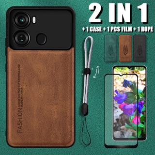 2 IN 1 เคสหนังหรูหรา พร้อมเชือกปรับได้ และตัวป้องกันหน้าจอเซรามิค สําหรับ Itel P40