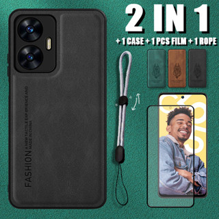 2 IN 1 เคสหนังหรูหรา พร้อมเชือกปรับได้ และตัวป้องกันหน้าจอเซรามิค สําหรับ Realme C55 NFC