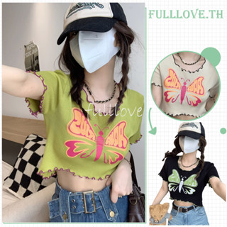 Fulllove เสื้อครอปไหมพรมแขนสั้น พิมพ์ลายbutterfly สุดเก๋ แมทซ์ง่ายกับทุกลุค Y2Kcroptop