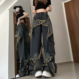 American retro wide leg workwear jeans, womens summer high street niche design, straight leg pants