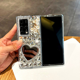 Samsung Galaxy Z Fold 5 / Z Fold 4 / Z Fold 3 / Fold 2 3D แฮนด์เมด ประกายเพชร พลอยเทียม หัวใจ กระจก เคสแข็ง