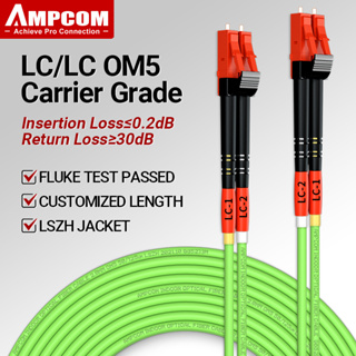 Ampcom OM5 LC เป็น LC UPC สายเคเบิลออปติคอลไฟเบอร์ออปติคอล มัลติโหมด Duplex MMF 50/125μm 100Gbps งอได้ไว 2.0 มม.