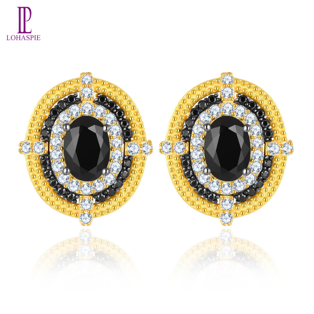 Lohaspie เครื่องประดับจริง 2.2 กะรัต 925 เงินสีดํา Spinel ต่างหูธรรมชาติสีดํา Spinel ต่างหูสตั๊ดสีเห