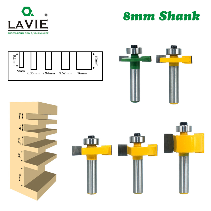 LAVIE 5pcs 8mm Shank T Slot Router Bit แบริ่งไม้ Slotting Milling Cutter T ประเภท Rabbeting Woodwork
