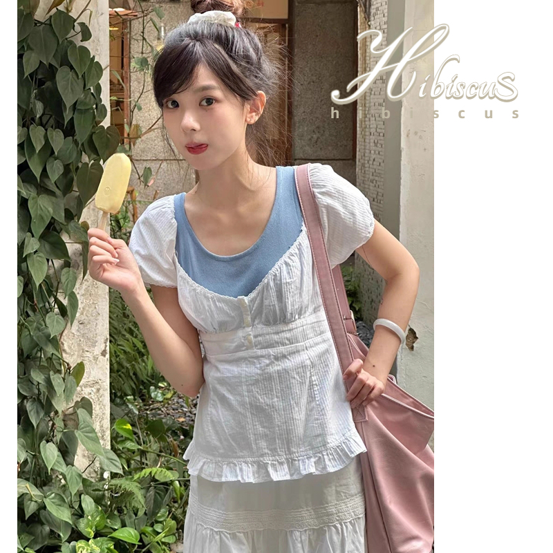 Hibis- เสื้อยืดแขนสั้นลําลอง คอต่ํา จับจีบ สีพื้น แฟชั่นฤดูร้อน สําหรับผู้หญิง