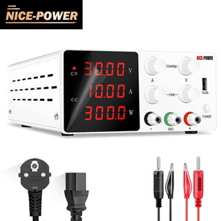 Nice-power พาวเวอร์ซัพพลาย DC ตัวแปร: สวิตช์ปรับได้ 30V 10A 4 หลัก จอแสดงผล LED 5V 2A พอร์ต USB นําออก และสายไฟอินพุต