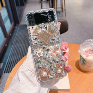 เคสโทรศัพท์มือถือ ป้องกันกล้อง ลายดอกไม้ ประดับเพชร หรูหรา สําหรับ Samsung Z Filp 5 4 3 2 1