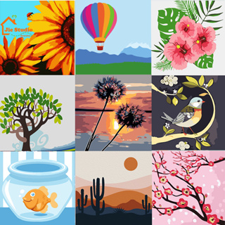 🔥Ready Stock🔥20*20cm Framed Canvas paint จิตรกรรม DIY Children Digital Painting Simple Landscape Flower Paint By Numbers Canvas Wall decor oil painting